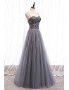 Flowy Grey Tulle Long Prom Dress With Sequins Straps - MYS78066