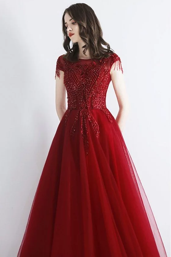 Burgundy Aline Long Tulle Red Prom Dress With Beaded Lace - $148.89 # ...