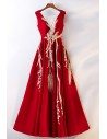 Burgundy Red With Gold Formal Long Dress With Embroidery - MYS68061