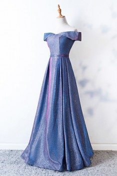 Off Shoulder Blue Aline Party Dress With Metallic Materials - MYS68022