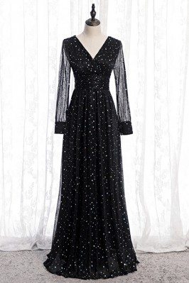 Fatasy Bling Sequins Vneck Evening Dress With Illusion Long Sleeves - MYS78079