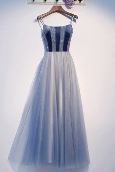 Blue Sequins Top Tulle Aline Prom Dress With Straps - MYS69087