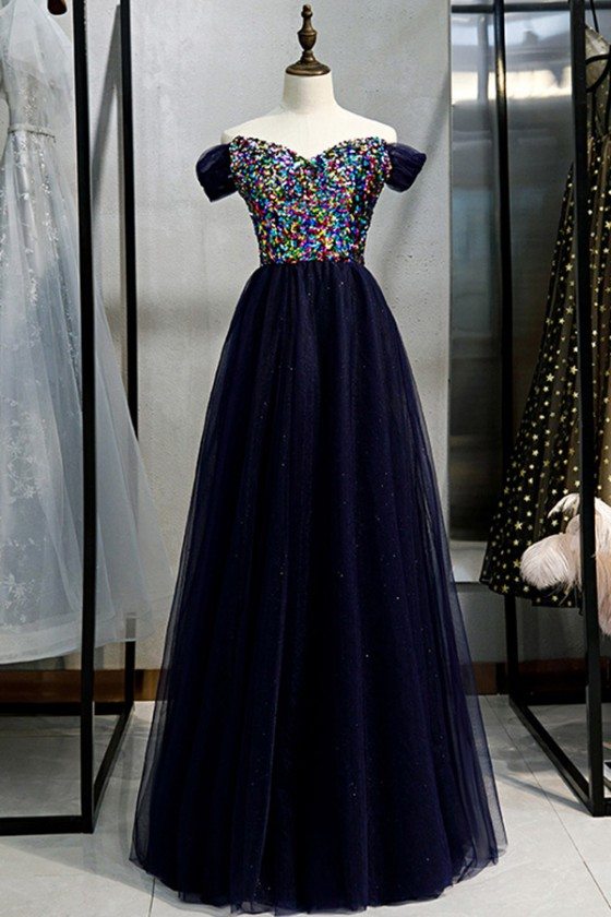 Blue Tulle Long Prom Dress Off Shoulder With Colorful Sequins - MYS78013