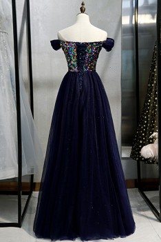 Blue Tulle Long Prom Dress Off Shoulder With Colorful Sequins - MYS78013