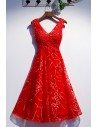 Special Lace Red Tea Length Party Dress With Vneck - MYS79008