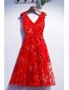 Special Lace Red Tea Length Party Dress With Vneck - MYS79008