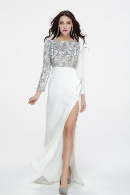 Sexy White And Silver Sequins Slit Prom Dress
