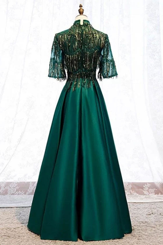 Green Formal Long Evening Dress Satin With Bling Sequins Sleeves - $126 ...