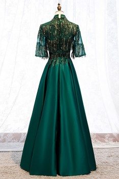Green Formal Long Evening Dress Satin With Bling Sequins Sleeves - MYS79007
