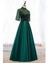 Green Formal Long Evening Dress Satin With Bling Sequins Sleeves - MYS79007