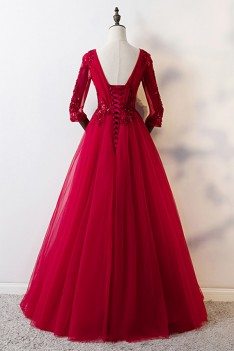 Burgundy Long Red Aline Prom Formal Dress With Sheer Sleeves - MYS68009