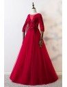 Burgundy Long Red Aline Prom Formal Dress With Sheer Sleeves - MYS68009