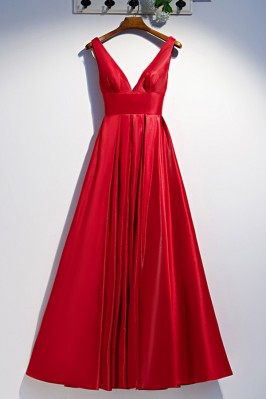 Long Red Pleated Prom Dress With Deep Vneck - MYS79052