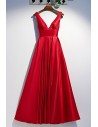 Long Red Pleated Prom Dress With Deep Vneck - MYS79052