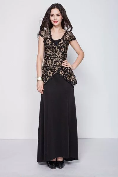 Black Lace Cap Sleeve Long Party Dress