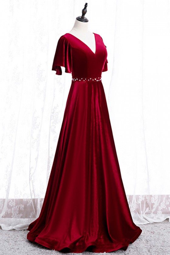 Elegant Long Velvet Evening Dress Vneck With Sleeves - $128.579 # ...