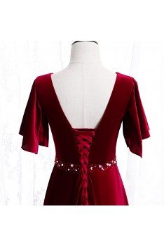 Elegant Long Velvet Evening Dress Vneck With Sleeves - MYS78036