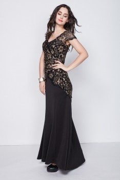 Black Lace Cap Sleeve Long Party Dress - CK352