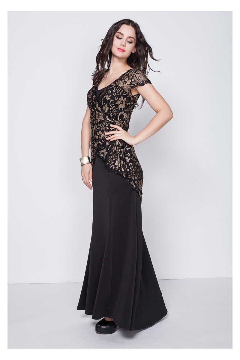 Black Lace Cap Sleeve Long Party Dress - $64.86 #CK352 - SheProm.com