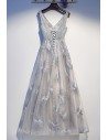 Silver Grey Aline Beaded Lace Prom Dress Vneck - MYS67010