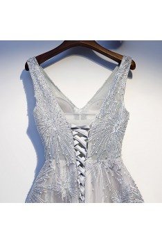 Silver Grey Aline Beaded Lace Prom Dress Vneck - MYS67010