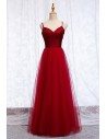 Burgundy Long Red Aline Tulle Party Dress With Spaghetti Straps - MYS69047
