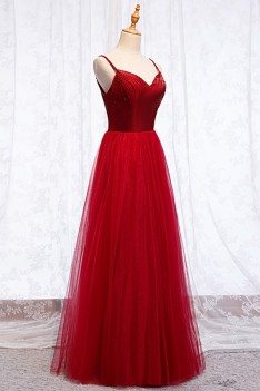 Burgundy Long Red Aline Tulle Party Dress With Spaghetti Straps - MYS69047