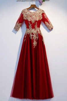 Formal Long Burgundy And Gold Embroidery Party Dress With Half Sleeves - MYS69006
