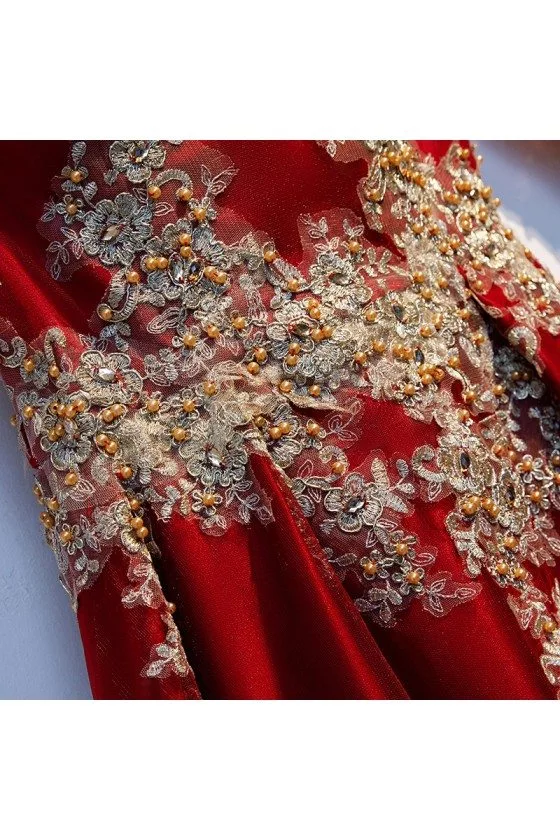 burgundy and gold long sleeve dress Gold Lace Burgundy High Neck Long Sleeve Prom Gown