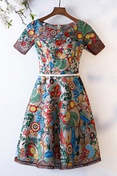 Exotic Colorful Embroidery Short Party Dress With Short Sleeves - MYS68030