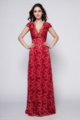 Burgundy Lace Cap Sleeve Formal Dress