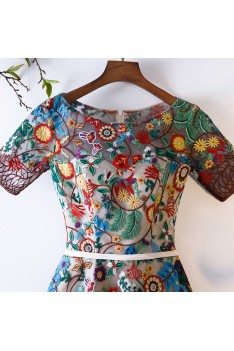 Exotic Colorful Embroidery Short Party Dress With Short Sleeves - MYS68030