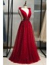 Burgundy Long Tulle Bling Prom Dress With Deep Vneck - MYS79036
