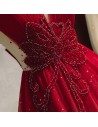 Burgundy Long Tulle Bling Prom Dress With Deep Vneck - MYS79036