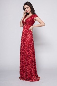 Burgundy Lace Cap Sleeve Formal Dress - CK383