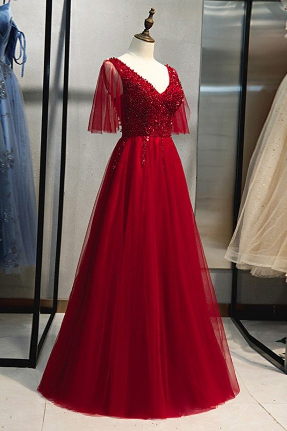 Puffy Sleeves Aline Long Prom Dress Vneck With Beading - $128.9808 # ...