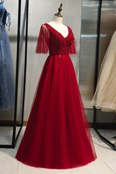Puffy Sleeves Aline Long Prom Dress Vneck With Beading - MYS79035