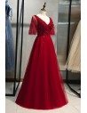 Puffy Sleeves Aline Long Prom Dress Vneck With Beading - MYS79035