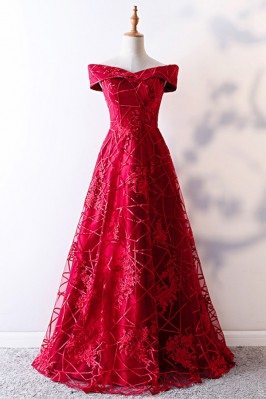 Off Shoulder Aline Burgundy Long Prom Party Dress With Lace - MYS68014