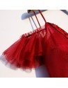 Long Red Aline Flowy Tulle Prom Dress With Vneck - MYS69048