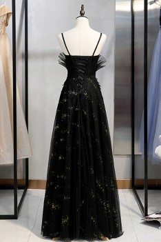 Long Black Beaded Tulle Party Dress With Straps - MYS78068