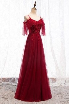 Beaded Long Tulle Burgundy Prom Party Dress - MYS67020