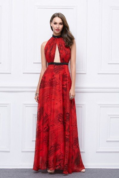 Red Printed Long Halter Open Back Prom Dress