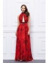 Red Printed Long Halter Open Back Prom Dress