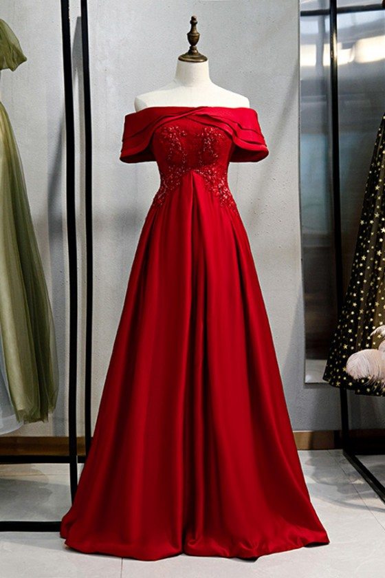 Formal Long Burgundy Satin Evening Dress With Off Shoulder - MYS79062