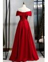 Formal Long Burgundy Satin Evening Dress With Off Shoulder - MYS79062