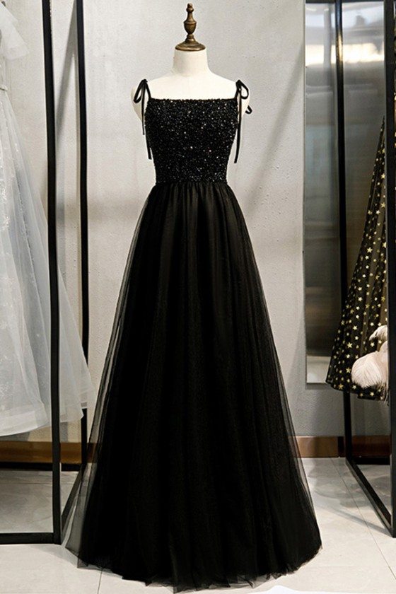 Beaded Top Long Black Prom Dress With Straps - MYS78014