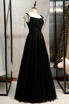 Beaded Top Long Black Prom Dress With Straps - MYS78014
