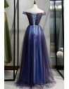 Navy Blue Long Tulle Prom Dress Off Shoulder With Laceup - MYS78011