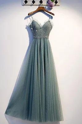 Dusty Long Green Tulle Flowy Prom Dress With Straps - MYS67011